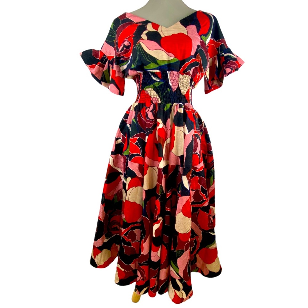 Molly Bracken Lili Sidonio Rose Print Smocked Midi Dress Size Medium